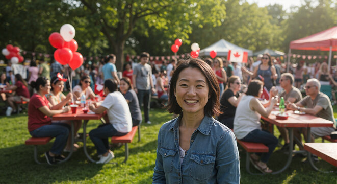 Asian young woman smiling at canada day park celebration