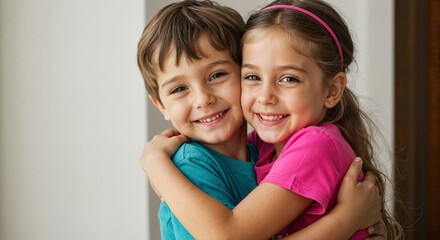Two siblings hugging joyfully while smiling like friends indoors  