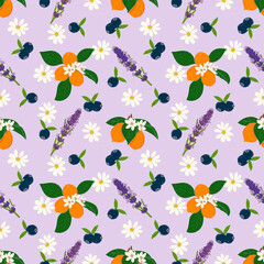 Fototapeta premium Flower and fruit pattern on lavender background