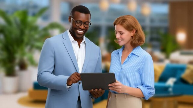 Manager guiding junior employee through marketing presentation