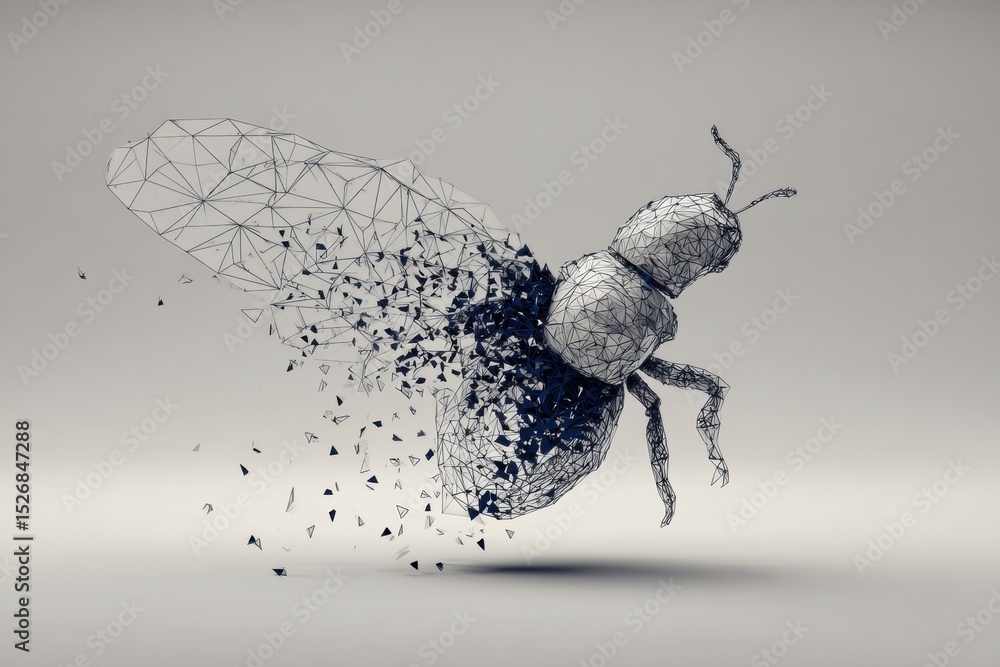 Leinwandbilder 3D Wireframe Bug Symbol Breaking Apart in a Dynamic Display of Geometric Fragmentation