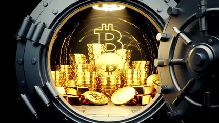 Heavy bank vault door slowly opens revealing piles of gold coins bars and Bitcoin cryptocurrency symbols with bright interior light camera zooms in - Powered by Adobe