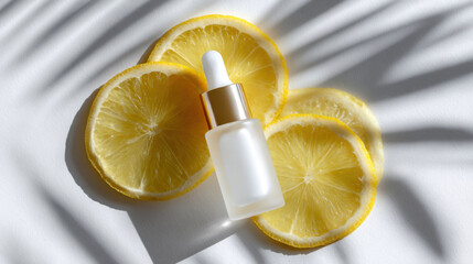 Brightening serum bottle with lemon slices on white background, casting soft shadows. composition is fresh and vibrant, highlighting skincare and natural ingredients