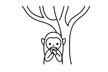 Cute line drawing monkey drinking tea under tree