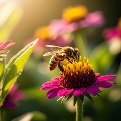 close up of a bee pollinating in a sunny mum garden as the concept of the protection of natural environment 