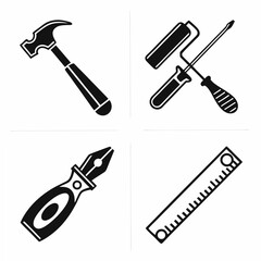 Professional tool icons set hammer roller screwdriver ruler isolated on white background
