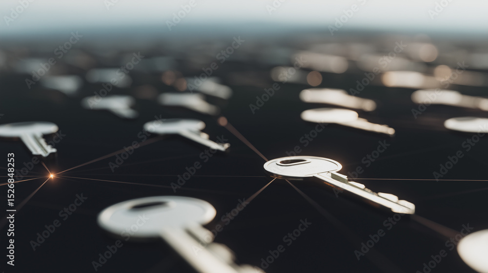 Poster digital keys in interconnected web: a network of digital keys symbolizes access, security, and the i
