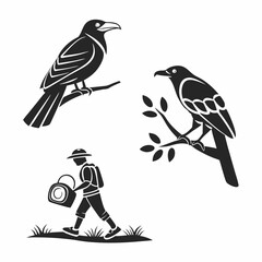 Birds on branches backpacker walking nature illustration
