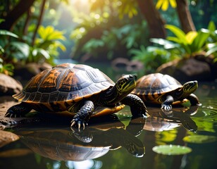 Two turtles in a lush jungle pond