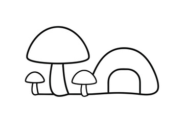 Cute line drawing mushrooms and cave illustration
