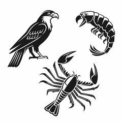 Black and white stylized eagle scorpion and shrimp illustrations