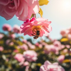 close up of a bee pollinating in a sunny garden full of flowers as the concept of the protection of natural environment 