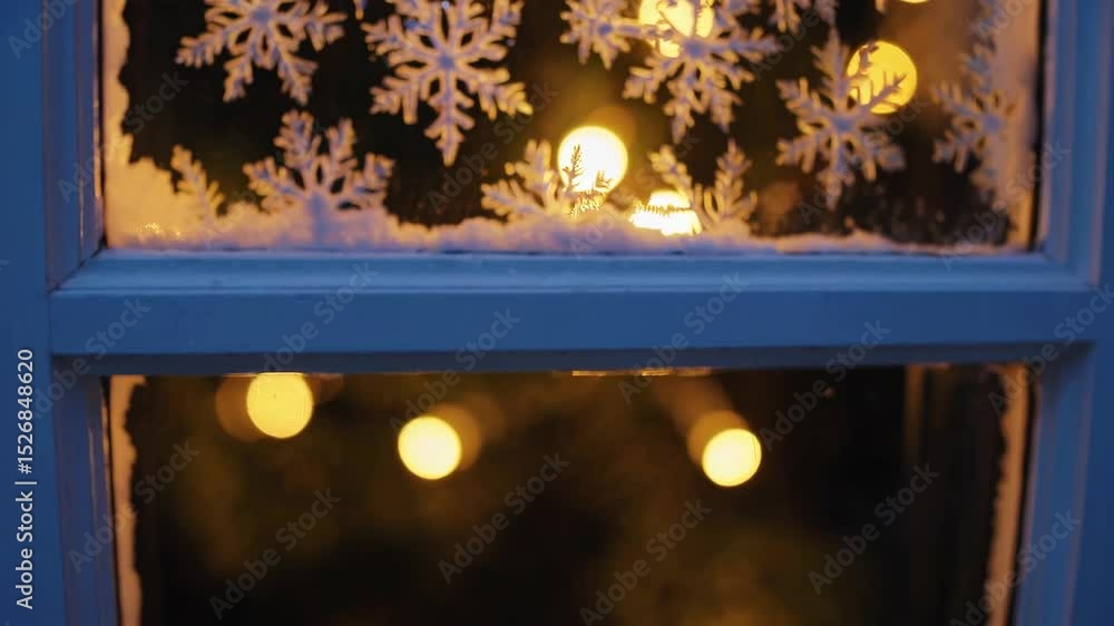 Poster close-up of a frosted window decorated with glittering snowflake patterns, softly illuminated by war