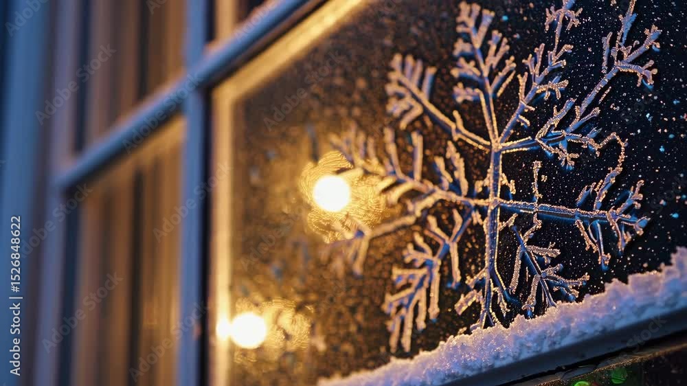 Aufkleber close-up of a frosted window decorated with glittering snowflake patterns, softly illuminated by war