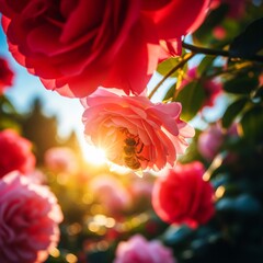 close up of a bee pollinating in a sunny garden full of flowers as the concept of the protection of natural environment 