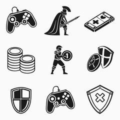 Game controller icons shields coins warrior characters