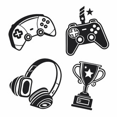 Gaming icons set gamepad headset trophy victory esports