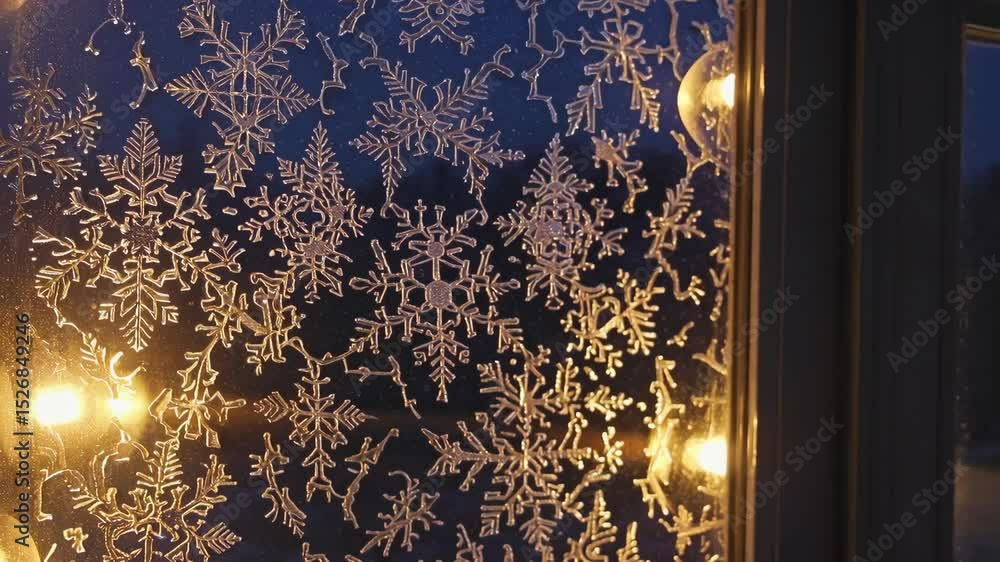 Aufkleber close-up of a frosted window decorated with glittering snowflake patterns, softly illuminated by war