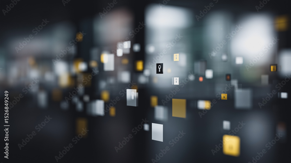 Poster abstract digital data: a mesmerizing visual of floating digital squares in a blurred, modern environ