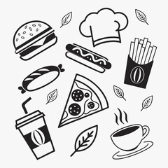 Delicious fast food icons set burger pizza hotdog fries coffee