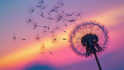 Fototapeta premium Dandelion seeds float at sunset