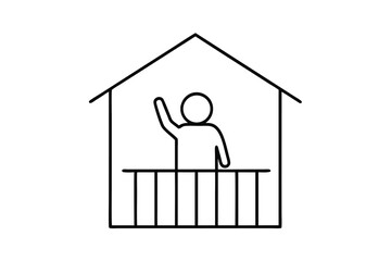Simple line drawing person waving from house balcony