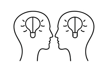 Two heads facing each other with lightbulbs inside line drawing