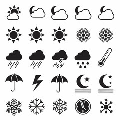 Weather icons set sun moon rain snow cloud lightning thermometer umbrella