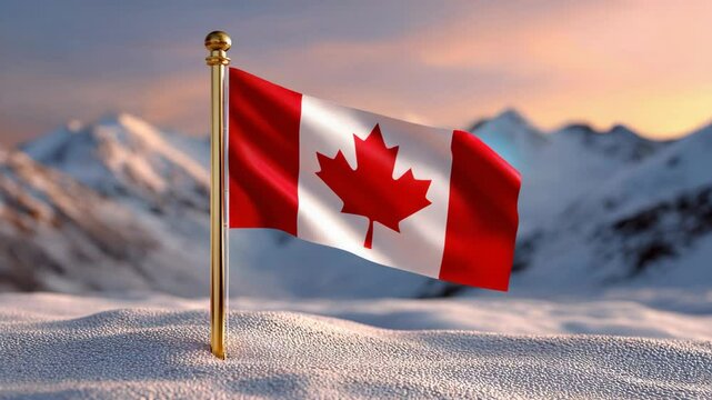 a vibrant image of the Canadian flag waving against a snowy mountainous backdrop, patriotism and natural beauty converge