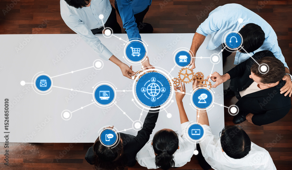 Poster a dynamic business strategy meeting featuring diverse professionals engaged in collaborative analysi