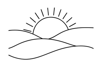 Simple line drawing sunrise over rolling hills minimalist landscape illustration