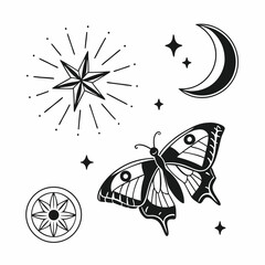 Celestial butterfly moon starburst flower tattoo design elements
