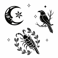 Mystical creatures moon star crow scorpion botanical illustration