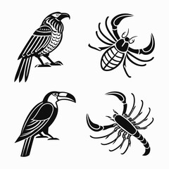 Stylized bird and scorpion illustrations black and white