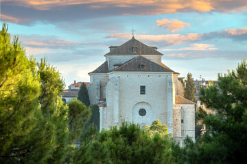 Facade of the Church of Our Lady of the Assumption in Chinchón, Madrid, Spain, from a distance at...