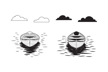Boat on Water Silhouette Vector Rowboat Illustration with Cloud and Reflection