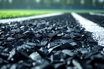 Black rubber granules scattered on artificial turf surface near white field marking on sports ground