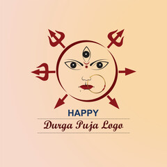 Happy Durga Puja Logo, Goddess Durga Face Icon, Divine Trident Symbol, Hindu Festival Design, Navaratri Celebration Emblem