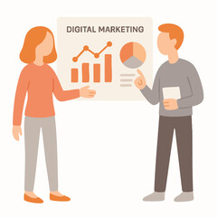 Flat Illustration Digital Marketing Presentation with Business Chart and People
