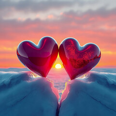 Valentines Day background with a pair of red hearts, metaphor. Background with two hearts on an ice cliff with a view of the sunset. Collage.