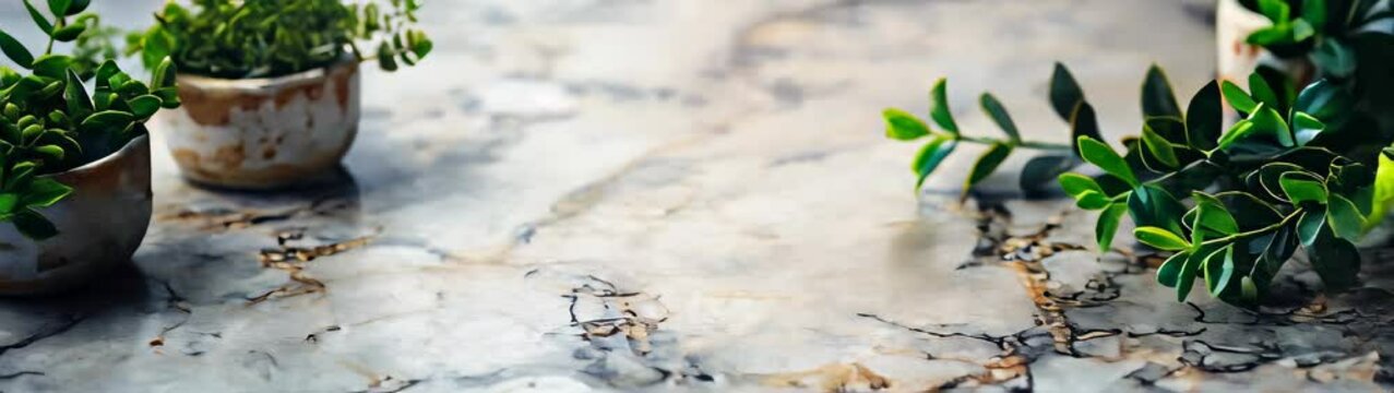 Small pots with plants on a marble table banner copy space plant background