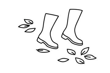 Line drawing of rain boots and autumn leaves