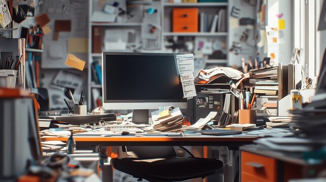 Cluttered workspace contrasts with organized office environment showcasing the impact of tidiness on productivity. Generative AI