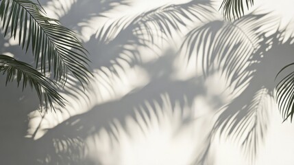 Palm tree casts long shadow on white wall with intricate silhouettes, palm, blurred edges