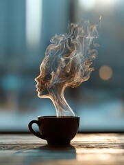 Cup of coffee with face-shaped steam rising on wooden table