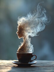 Cup of coffee with face-shaped steam rising on wooden table