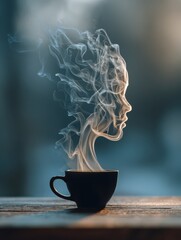 Cup of coffee with face-shaped steam rising on wooden table