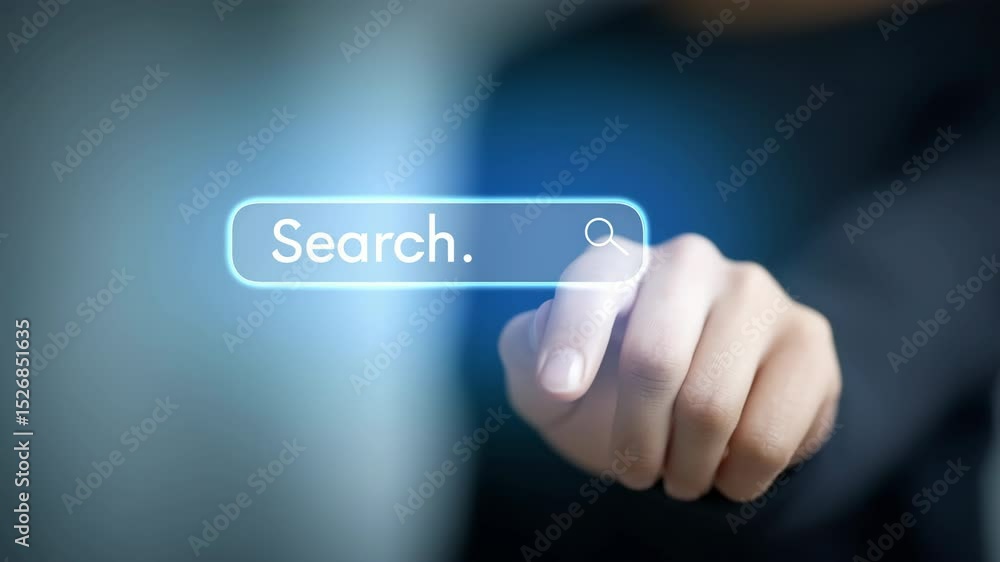 Poster closeup exploration of hand interacting with search button in digital technology for enhanced user e