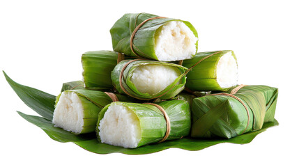 Delicious rice cakes wrapped in green leaves, ready to enjoy. transparent background