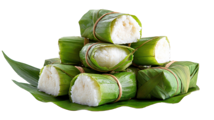 Delicious rice cakes wrapped in green leaves, ready to enjoy. transparent background